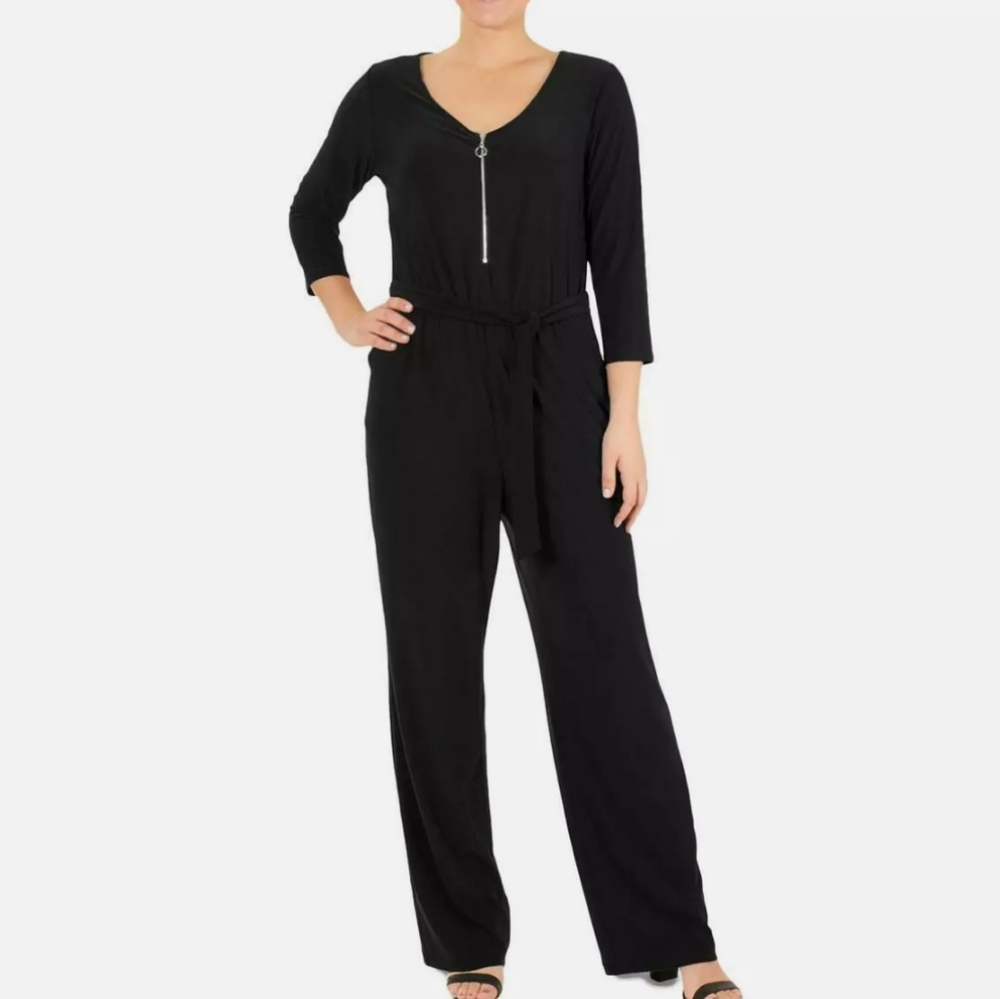NY Collection Womens Blue Belted Zip Front